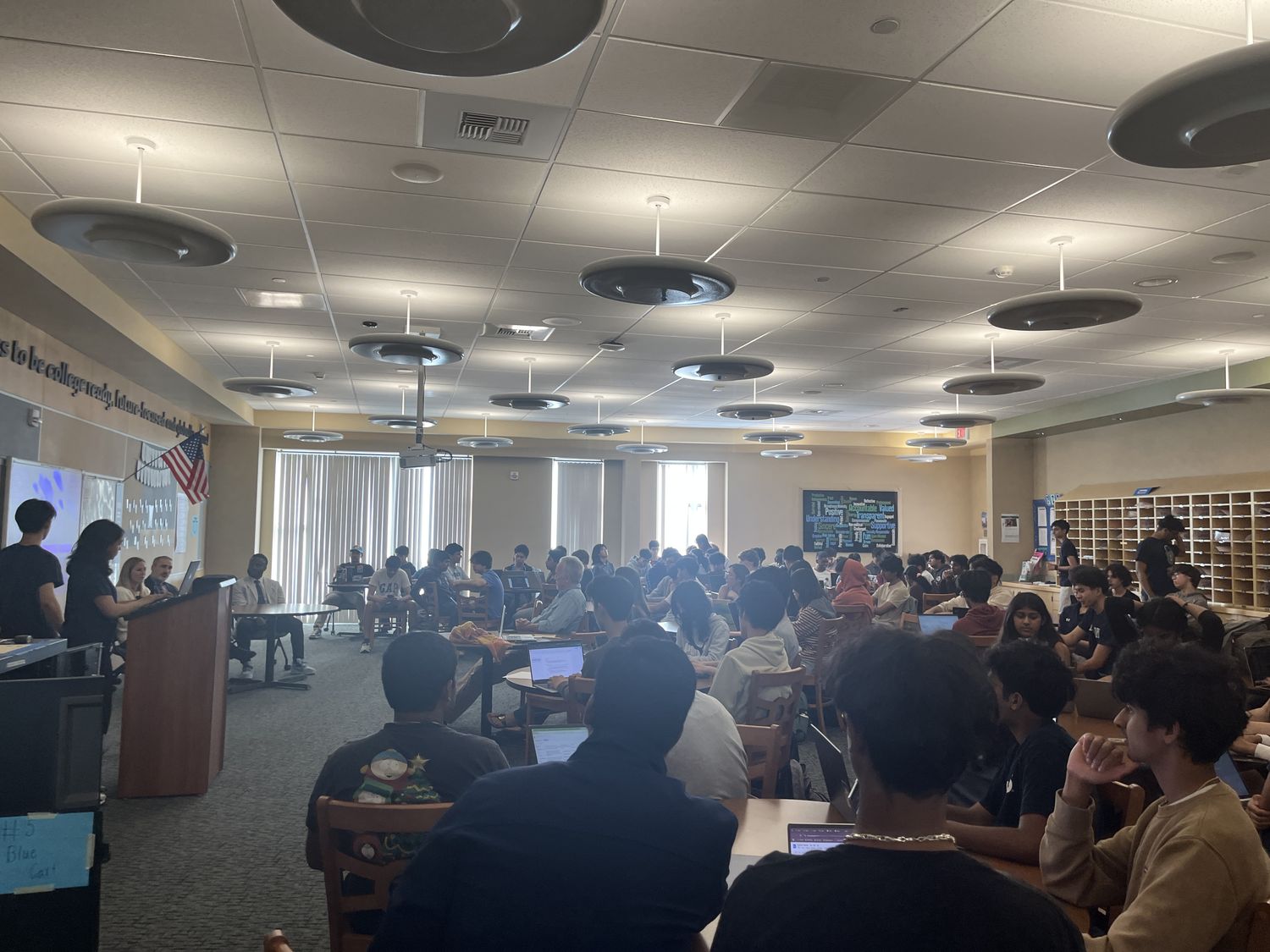 Del Norte students filling the library for the Cybersecurity Expert Panel